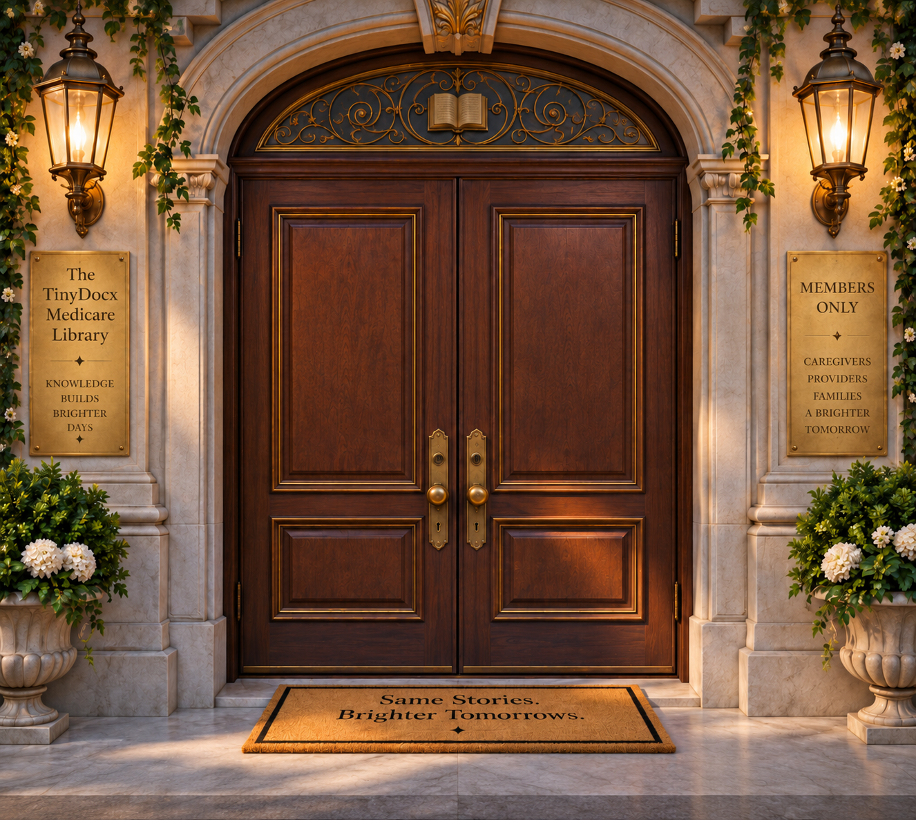 The front door of the TinyDocx Medicare Library — mahogany doors, brass lamps, marble