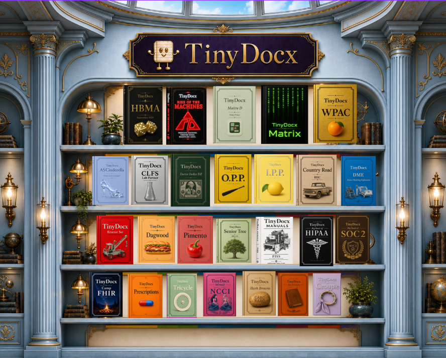 Inside the TinyDocx library — shelves of Medicare volumes
